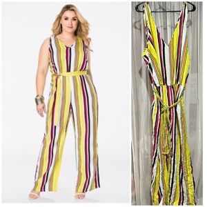Ashley Stewart Striped Yellow White Sleeveless Belted Wide Leg Jumpsuit Size 26